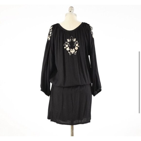 Lucky Brand Sz XS Black Floral Embroidered Tassel Drawstring Tunic Dress Peasant - Picture 6 of 11